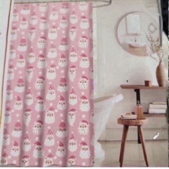 New Pink Santa Shower Curtain with Shower Hooks - Picture 8 of 8
